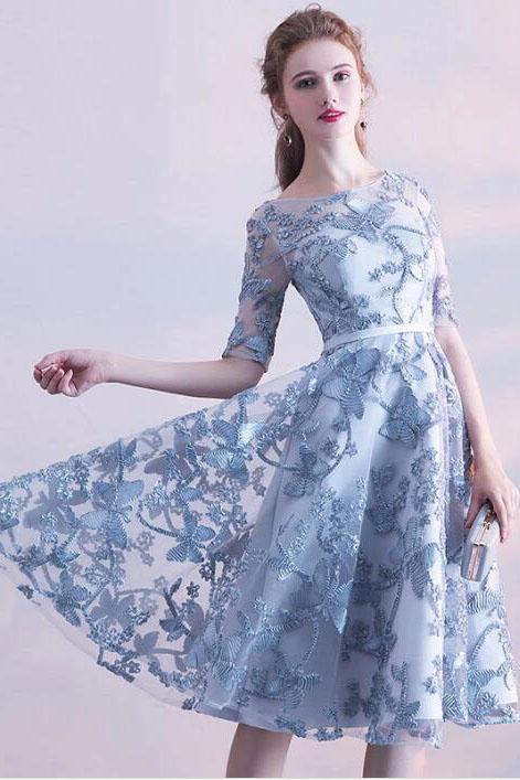 Gray Blue Tulle Lace Short Prom Dress, Half Sleeves Knee Length Homeco cherishgirls Gray Blue Tulle Lace Short Prom Dress, Half Sleeves Knee Length Homeco cherishgirls