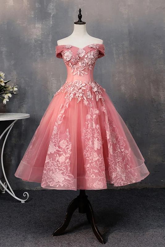 Knee Length Tulle Graduation Dress with Appliques, Off the Shoulder Dress with Flowers UQ2134 Knee Length Tulle Graduation Dress with Appliques, Off the Shoulder Dress with Flowers UQ2134