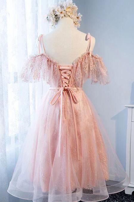 A Line Pink Tulle Lace Homecoming Dress, Cute Short Prom Gown with Pearls UQ2190