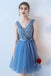 Cute Blue V Neck Sleeveless Tulle Homecoming Dress with Lace Appliques Belt N1939