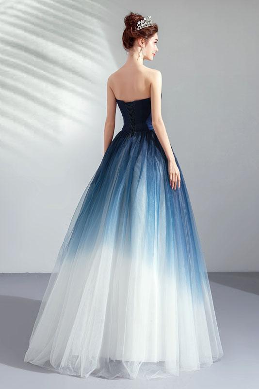 Ombre Strapless A Line Long Prom Dress, Blue Ombre Graduation Dress with Lace Up Back UQ1700