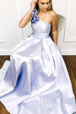 Simple One Shoulder Satin Floor Length Prom Dress with Flowers, Cheap Long Party Dress UQ2409