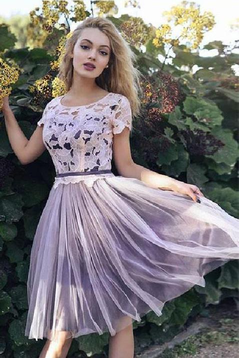 Knee Length Short Sleeves Tulle Homecoming Dress, A Line Short Prom Go cherishgirls Knee Length Short Sleeves Tulle Homecoming Dress, A Line Short Prom Go cherishgirls