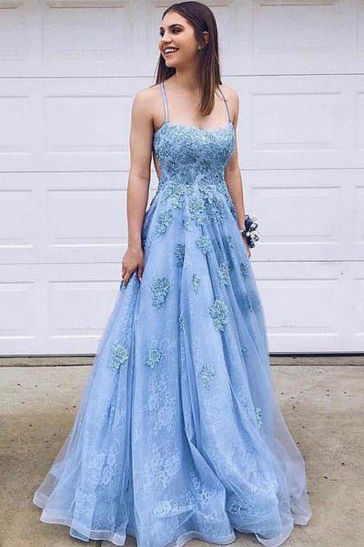Blue Lace Tulle Spaghetti Straps Long Prom Dress, Evening Dress With Lace Applique N2170