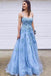Blue Lace Tulle Spaghetti Straps Long Prom Dress, Evening Dress With Lace Applique UQ2170