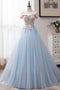 Light Blue Off Shoulder Floor Length Tulle Prom Gown with Appliques, Puffy Long Evening Dress UQ2396