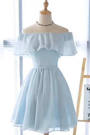 Light Blue Off the Shoulder Chiffon Homecoming Dress, Cute Short Graduation Dress N2001