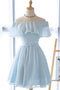 Light Blue Off the Shoulder Chiffon Homecoming Dress, Cute Short Graduation Dress UQ2001