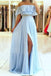 Light Blue Off the Shoulder Split Prom Dress with Beading Waist, Flowy Party Dresses N1751