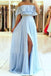 Light Blue Off the Shoulder Split Prom Dress with Beading Waist, Flowy Party Dresses UQ1751