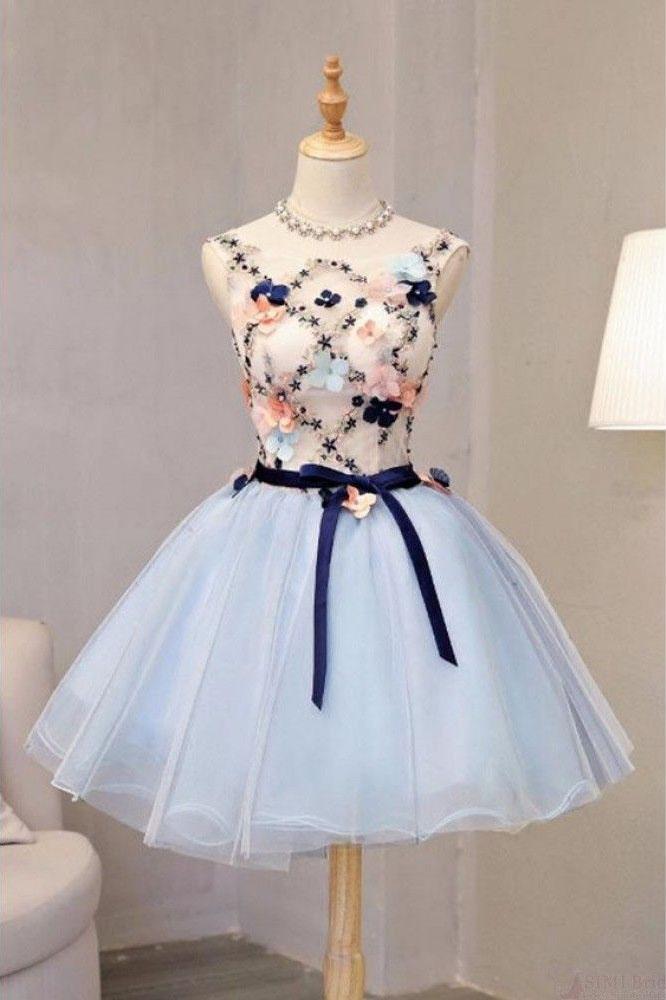 Vintage Light Blue Flower Short Princess Homecoming Dress Party Dresse cherishgirls Vintage Light Blue Flower Short Princess Homecoming Dress Party Dresse cherishgirls
