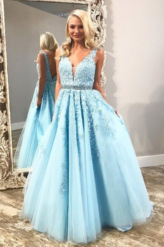 Light Sky Blue V Neck Tulle Prom Dress with Lace Appliques, Long Forma cherishgirls Light Sky Blue V Neck Tulle Prom Dress with Lace Appliques, Long Forma cherishgirls