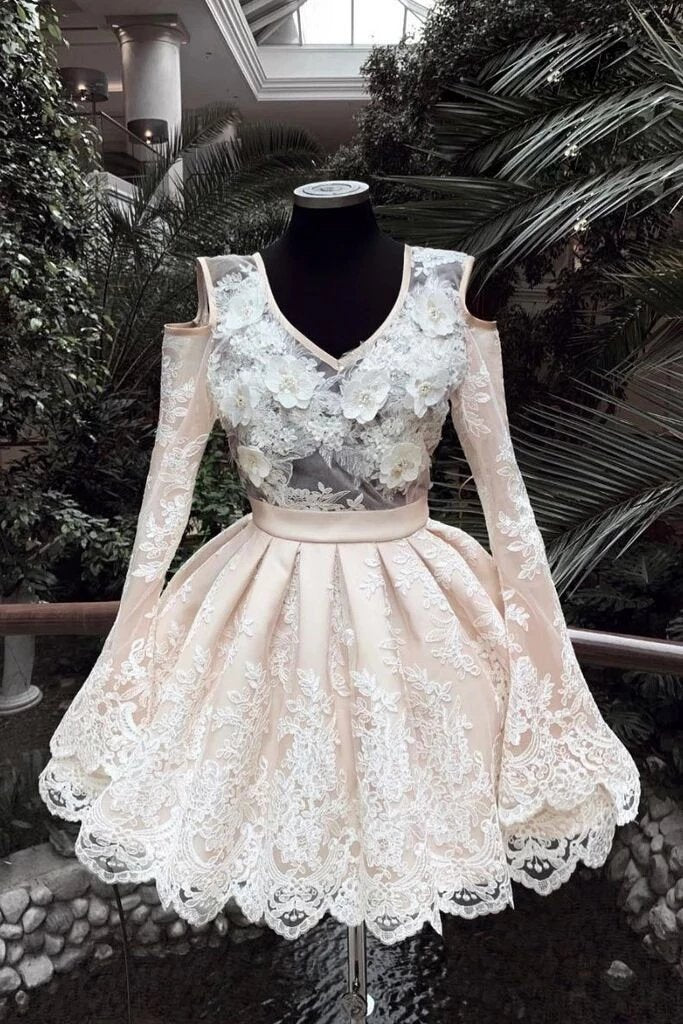 Cute V Neck Long Sleeves Mini Homecoming Dress, A Line Appliques Gradu cherishgirls Cute V Neck Long Sleeves Mini Homecoming Dress, A Line Appliques Gradu cherishgirls