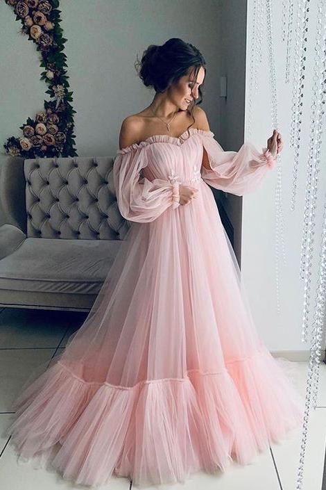 Light Pink Long Sleeves Prom Dresses, Boho Off the Shoulder Beach Wedding Dresses UQ1813 Light Pink Long Sleeves Prom Dresses, Boho Off the Shoulder Beach Wedding Dresses UQ1813