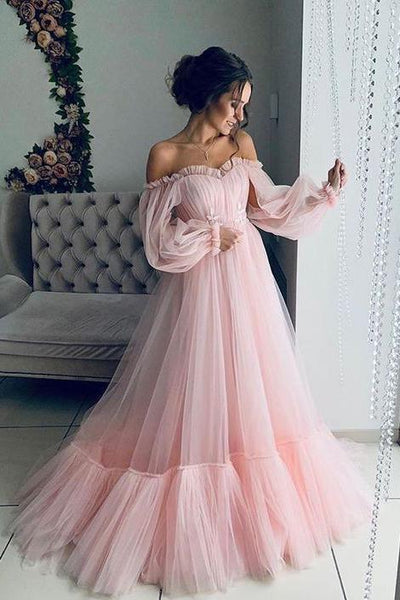 Light Pink Long Sleeves Prom Dresses, Boho Off the Shoulder Beach Wedd cherishgirls Light Pink Long Sleeves Prom Dresses, Boho Off the Shoulder Beach Wedd cherishgirls