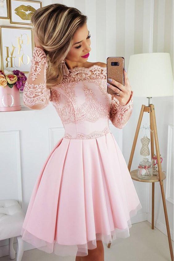 Light Pink Off the Shoulder Long Sleeves Short Homecoming Dress with L cherishgirls Light Pink Off the Shoulder Long Sleeves Short Homecoming Dress with L cherishgirls