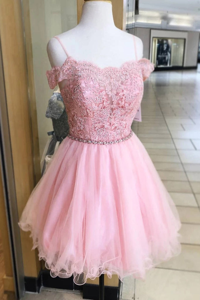 Cold Shoulder Pink Homeocming Dress with Crystals, Cute Tulle Graduati cherishgirls Cold Shoulder Pink Homeocming Dress with Crystals, Cute Tulle Graduati cherishgirls