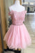 Cold Shoulder Pink Homeocming Dress with Crystals, Cute Tulle Graduation Dress with Lace UQ2117