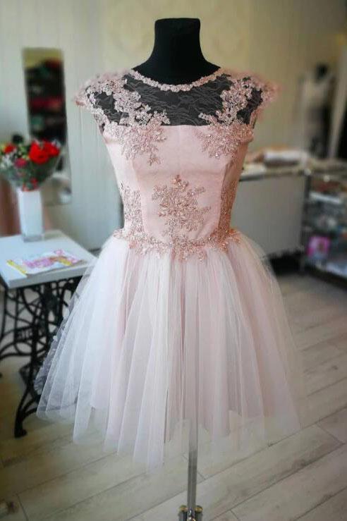 A Line Short Tulle Homecoming Dress with Lace Appliuques, Cute Graduation Dress N2210