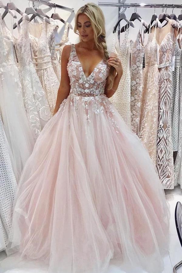 Light Pink V Neck Sleeveless Tulle Prom Dress with Flowers and Beads U cherishgirls Light Pink V Neck Sleeveless Tulle Prom Dress with Flowers and Beads U cherishgirls