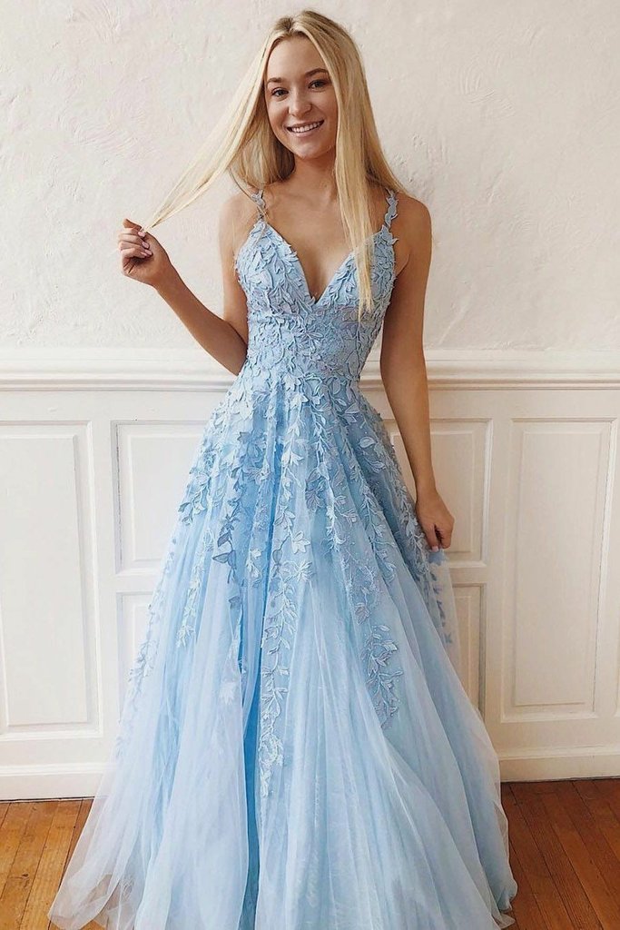 Light Sky Blue Straps V Neck Prom Dress with Lace, Backless Long Formal Dresses N1736