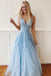 Light Sky Blue Straps V Neck Prom Dress with Lace, Backless Long Formal Dresses N1736
