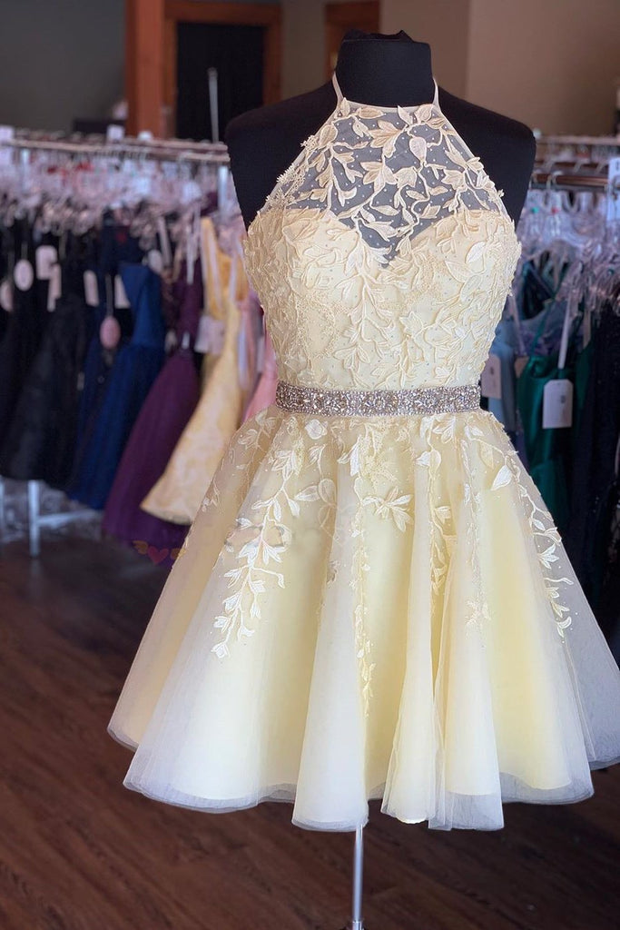 Light Yellow Halter Homecoming Dress with Lace Appliques, A Line Gradu cherishgirls Light Yellow Halter Homecoming Dress with Lace Appliques, A Line Gradu cherishgirls