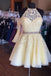 Light Yellow Halter Homecoming Dress with Lace Appliques, A Line Graduation Dress with Beads N2132