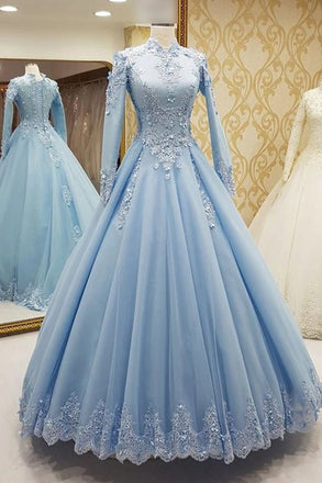 Gorgeous High Neck Long Sleeves Puffy Prom Dress, Light Blue Long Evening Dress chp0022