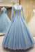 Gorgeous High Neck Long Sleeves Puffy Prom Dress, Light Blue Long Evening Dress chp0022