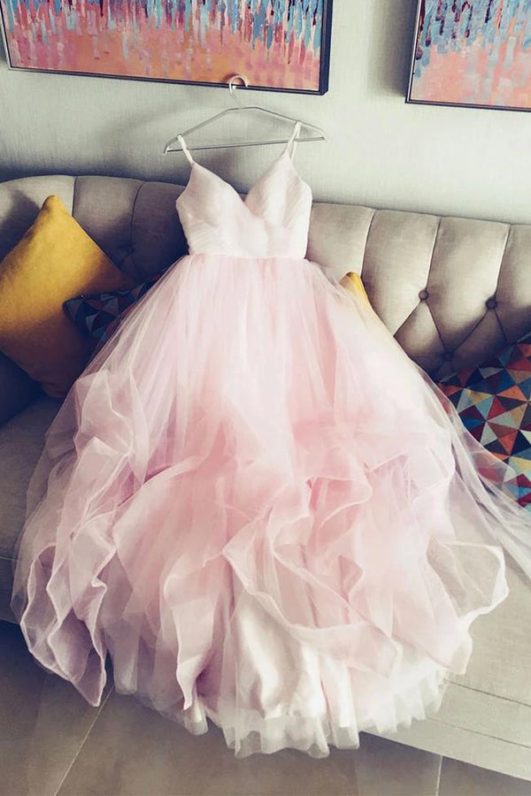 Light Pink Spaghetti Straps Tulle Long Prom Formal Dress, Puffy Party cherishgirls Light Pink Spaghetti Straps Tulle Long Prom Formal Dress, Puffy Party cherishgirls