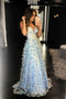 Light Sky Blue Spaghetti Straps Long Prom Gown With Flowers Evening Dress CHP0221
