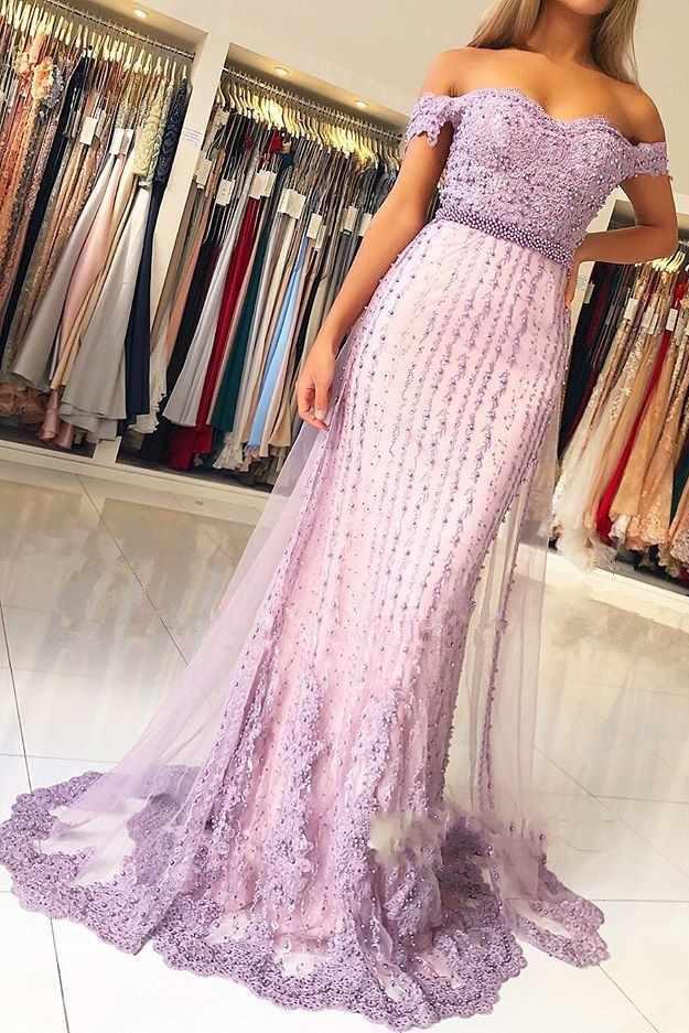 Lilac Off the Shoulder Mermaid Prom Dress with Appliques, Charming Beaded Evening Dress N1747