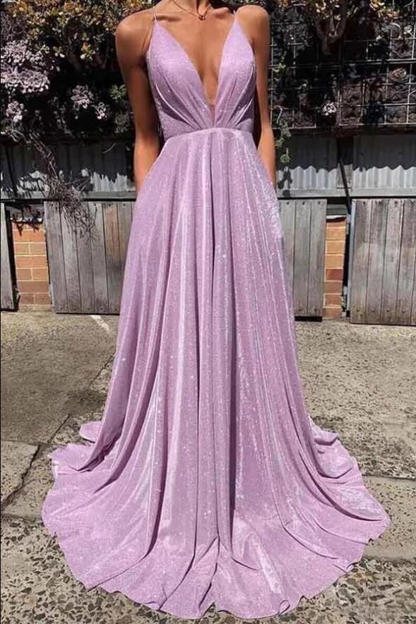 Lilac Deep V Neck Long Prom Dresses, A Line New Shiny Evening Dresses cherishgirls Lilac Deep V Neck Long Prom Dresses, A Line New Shiny Evening Dresses cherishgirls