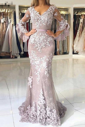 Charming V Neck Long Prom Dress, Mermaid Lace Appliqued Evening Dress with Sleeves N2025