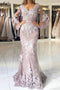 Charming V Neck Long Prom Dress, Mermaid Lace Appliqued Evening Dress with Sleeves UQ2025