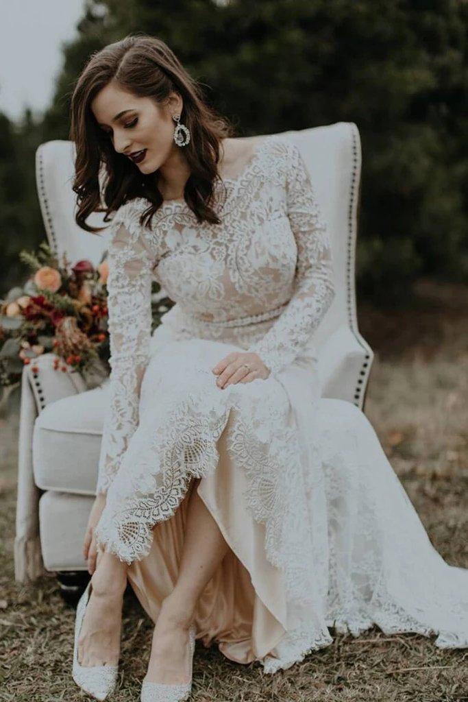 Vintage Long Sleeves Lace Wedding Dresses Backless Rustic Lace Wedding cherishgirls Vintage Long Sleeves Lace Wedding Dresses Backless Rustic Lace Wedding cherishgirls