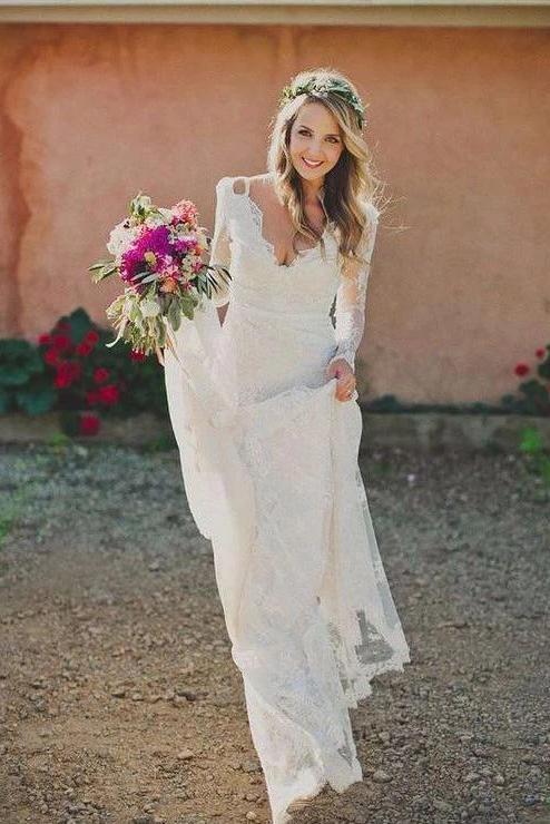 Ivory Long Sleeve Lace Wedding Dresses V Neck Vintage Beach Wedding Dresses UQ2249
