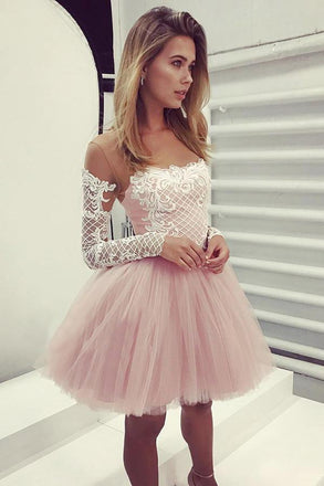 A-Line Sheer Neck Long Sleeves Pink Tulle Homecoming Cocktail Dress with Appliques N1900