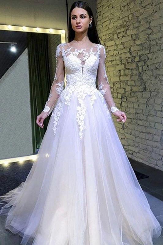 Puffy Long Sleeves Tulle Wedding Dress, Long Bridal Dress with Lace Ap cherishgirls Puffy Long Sleeves Tulle Wedding Dress, Long Bridal Dress with Lace Ap cherishgirls