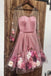 Pink V Neck 3D Applique Short Prom Dress, Long Sleeves Homecoming Dress N1840