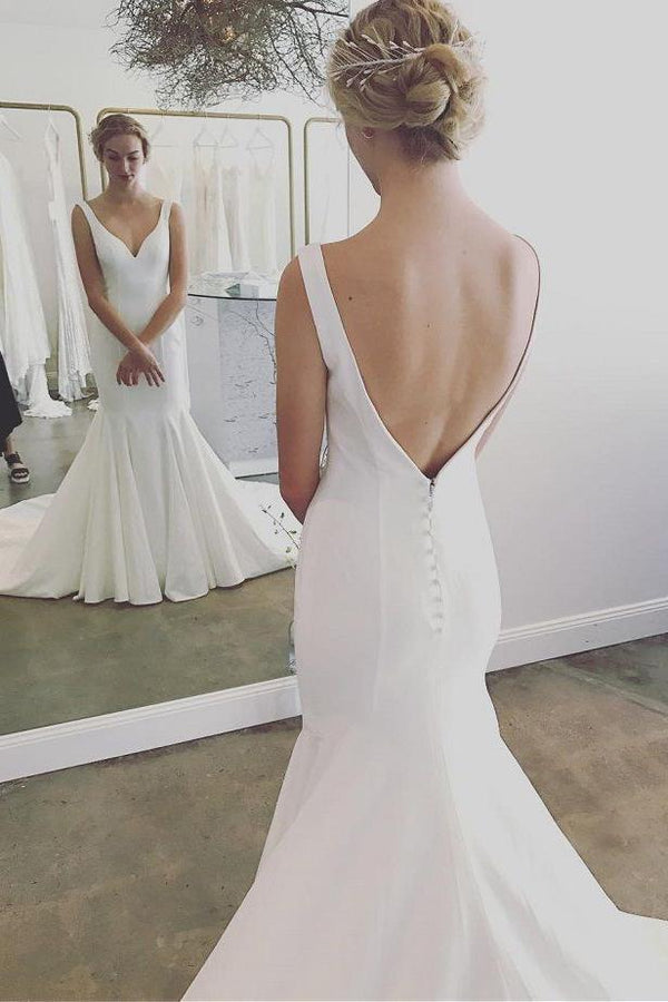 Simple V Neck Mermaid Long Beach Wedding Dresses, Cheap Backless Brida cherishgirls Simple V Neck Mermaid Long Beach Wedding Dresses, Cheap Backless Brida cherishgirls