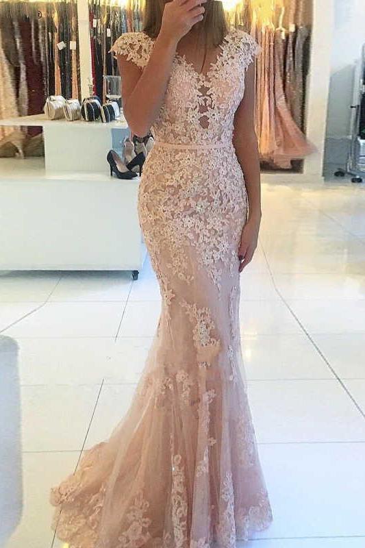 open lace back dress Mermaid Cap Sleeves Tulle Prom Dress with Lace Appliques, Long V Neck –  cherishgirls