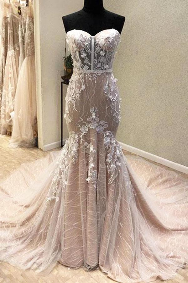 Gorgeous Sweetheart Mermaid Lace Appliqued Wedding Dresses, Strapless Bridal Dress N2532
