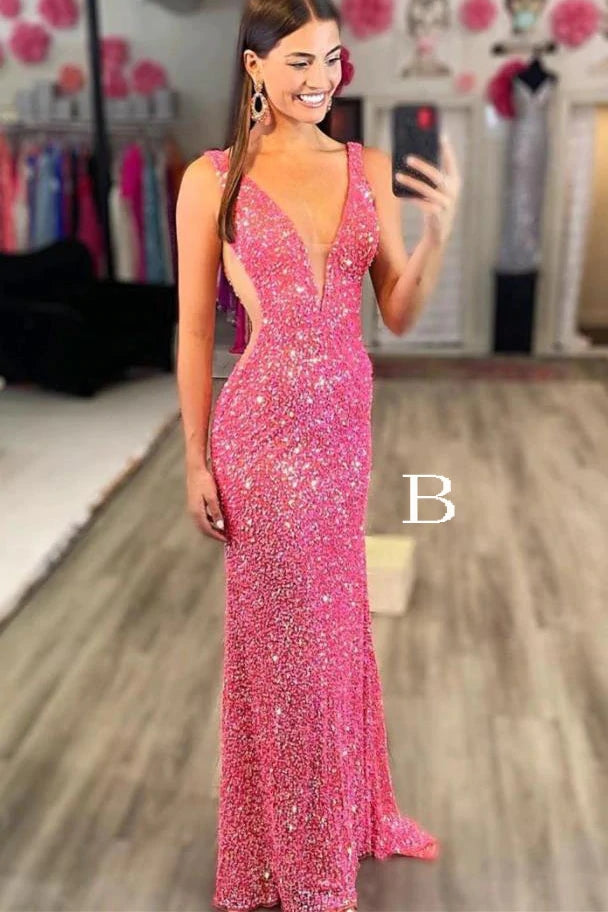Sparkly White Sequin Deep V Neck Sleeveless Mermaid Prom Evening Gown,Long Prom Dress CHP0127