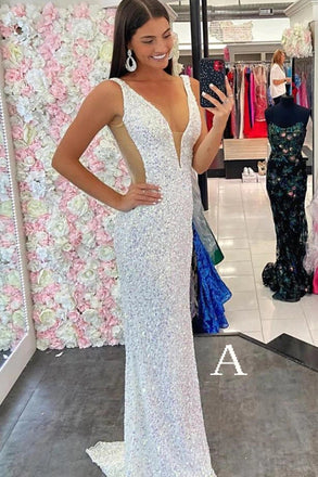 Sparkly White Sequin Deep V Neck Sleeveless Mermaid Prom Evening Gown,Long Prom Dress CHP0127