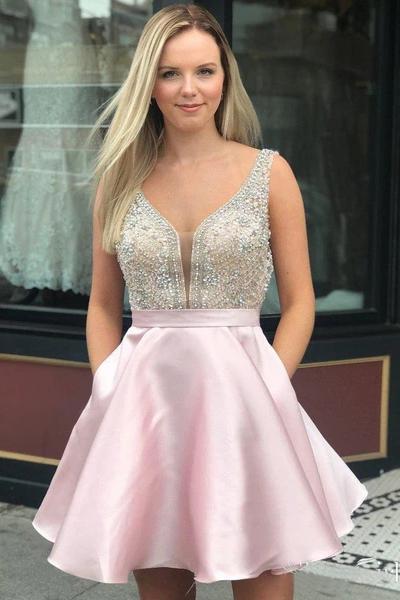 Red V Neck Sleeveless Homecoming Dress, Beading Backless Satin Short Prom Dresses UQ1952