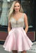 Red V Neck Sleeveless Homecoming Dress, Beading Backless Satin Short Prom Dresses UQ1952