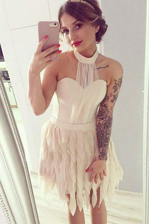 A-Line Halter Backless Short Homecoming Dress with Ruffles, Sexy Mini Homecoming Dress UQ1911