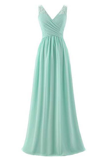 Mint Green V Neck Long Bridesmaid Dress with Lace, Simple Pleated Long Bridesmaid Dress N1855